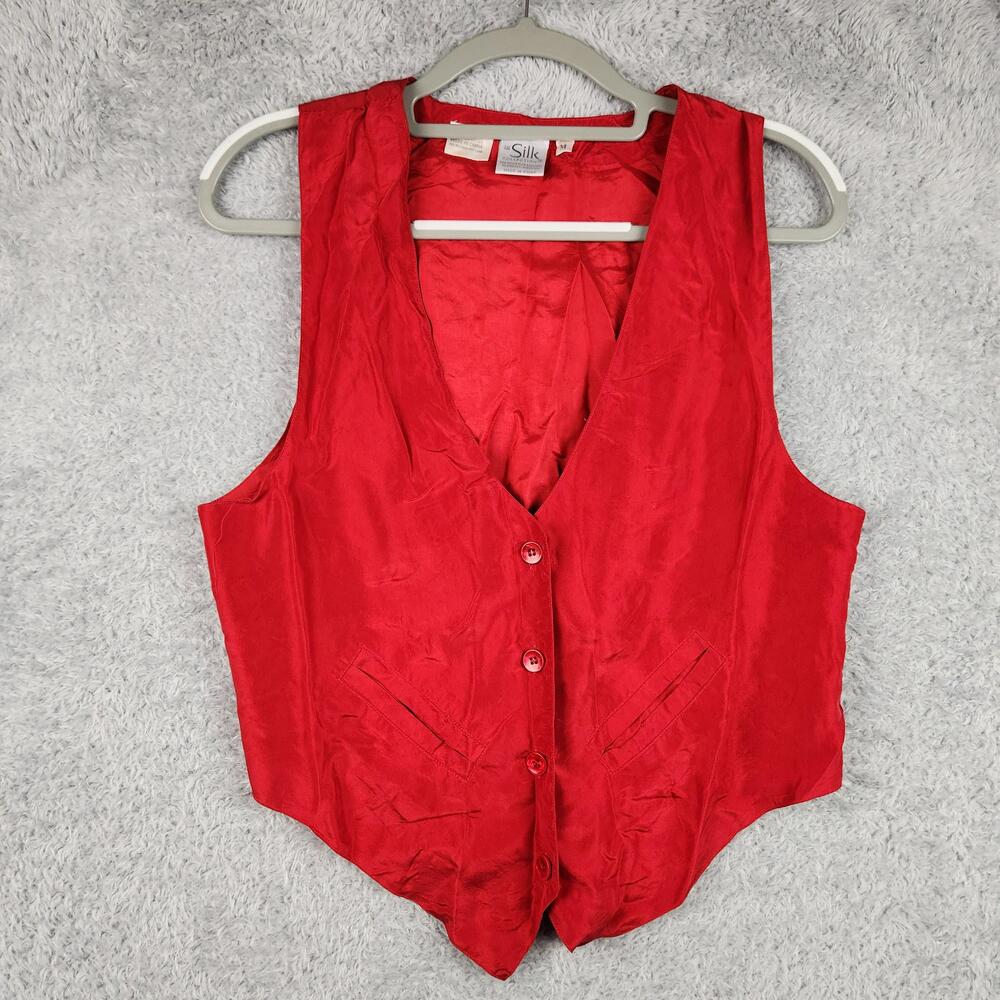 Vintage Silk Collection Vest Womens Medium Red 100% Silk Button Front Back Tie